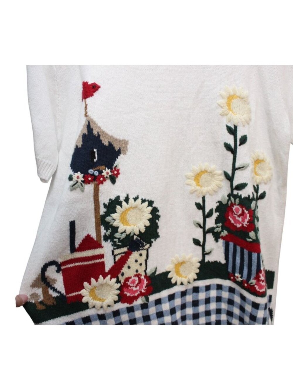 Vintage Knit Sweater Medium Embroidered Floral Grandma Cottagecore Ramie Gingham - Picture 7 of 11